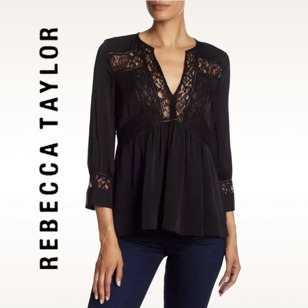 Rebecca Taylor 3/4 Sleeve 100% Silk Lace Blouse 6